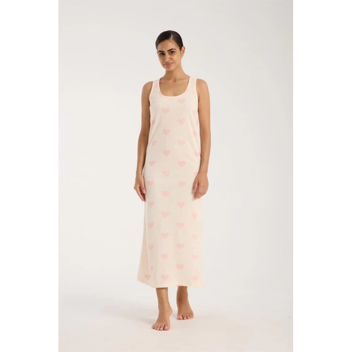 Moda Kadın Kalın Askılı Yırtmaçlı Uzun Pudra Gecelik