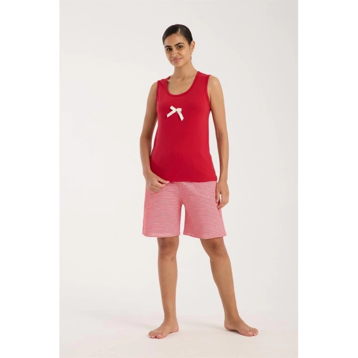 Moda Kadın Kırmızı Kurdele Detaylı Çizgili Şortlu Pijama Takımı
