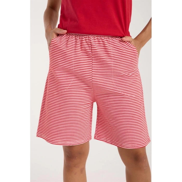 Moda Kadın Kırmızı Kurdele Detaylı Çizgili Şortlu Pijama Takımı