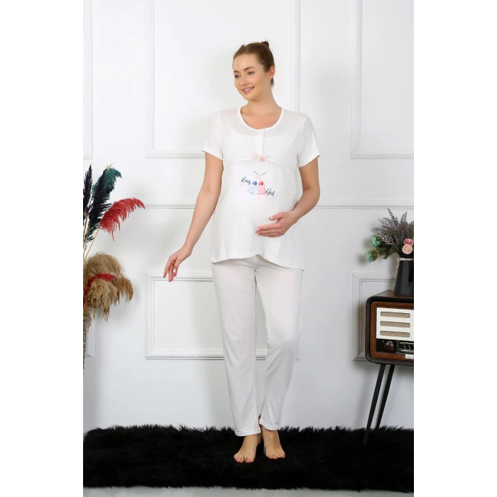 Moda Kadın Kısa Kol Hamile Lohusa Pijama Takımı Ekru