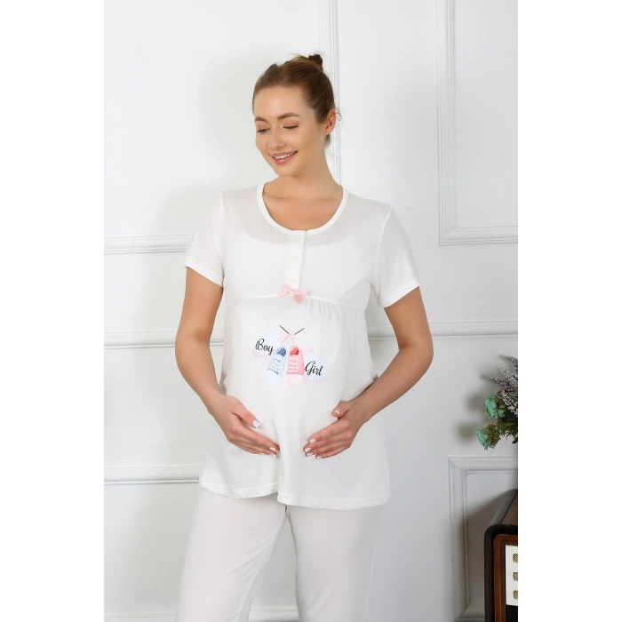 Moda Kadın Kısa Kol Hamile Lohusa Pijama Takımı Ekru