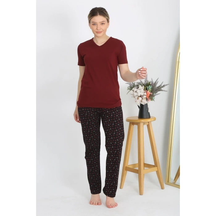 Moda Kadın Kısa Kol Pamuk Penye Pijama Takım Bordo