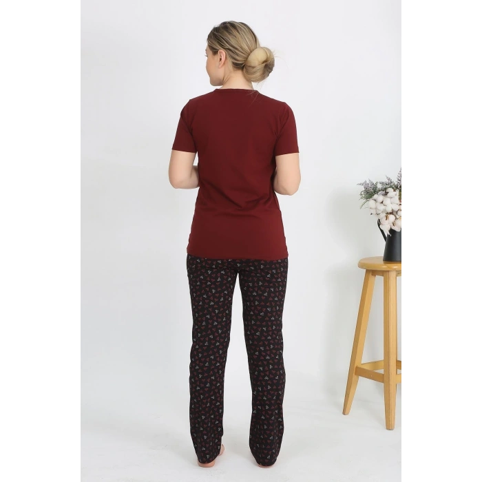 Moda Kadın Kısa Kol Pamuk Penye Pijama Takım Bordo