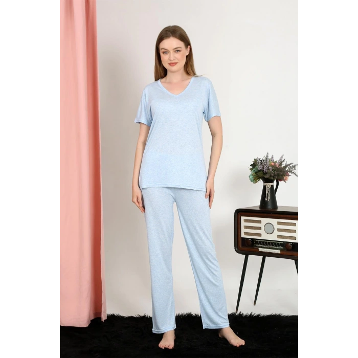 Moda Kadın Kısa Kol Pamuk Penye Pijama Takım Mavi