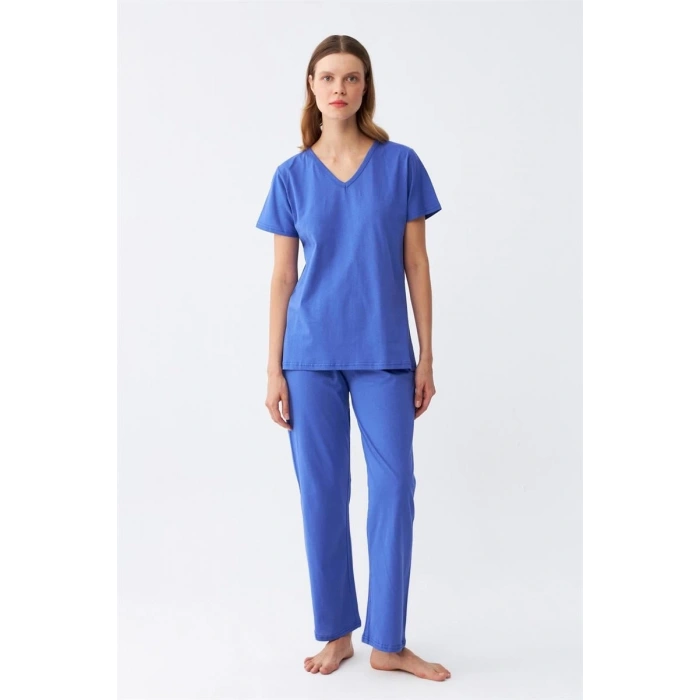 Moda Kadın Kısa Kol Pamuk Penye Pijama Takım Saks