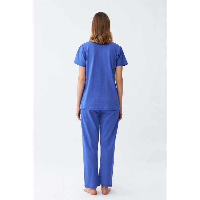 Moda Kadın Kısa Kol Pamuk Penye Pijama Takım Saks