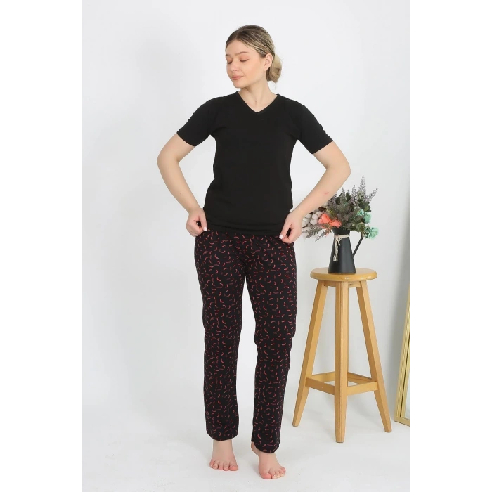 Moda Kadın Kısa Kol Pamuk Penye Pijama Takım Siyah