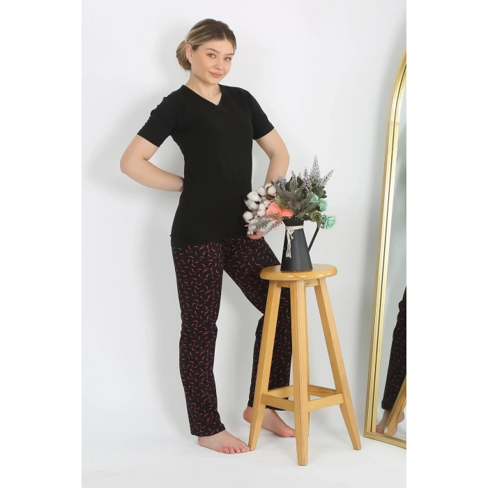 Moda Kadın Kısa Kol Pamuk Penye Pijama Takım Siyah