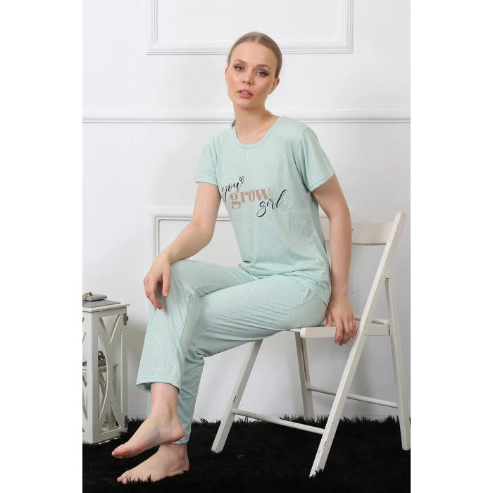 Moda Kadın Kısa Kol Pijama Takım Su Yeşili