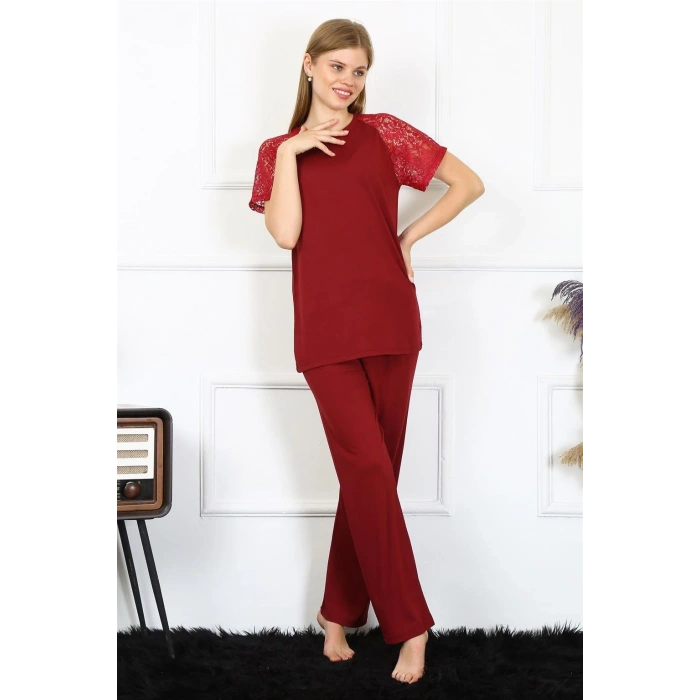 Moda Kadın Kolu Dantelli Penye Pijama Takım Bordo
