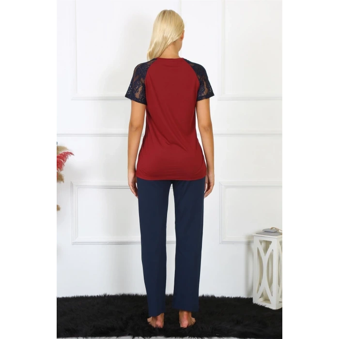 Moda Kadın Kolu Dantelli Penye Pijama Takım Bordo