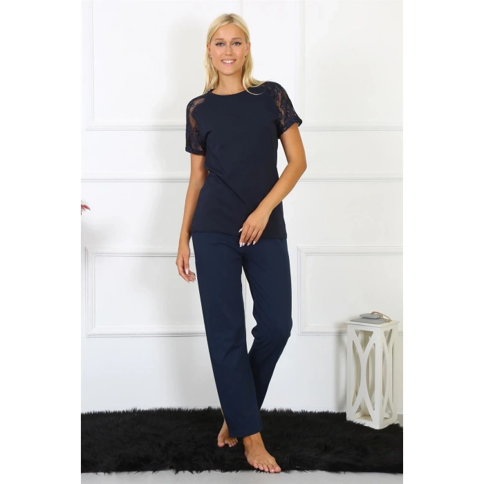 Moda Kadın Kolu Dantelli Penye Pijama Takım Lacivert