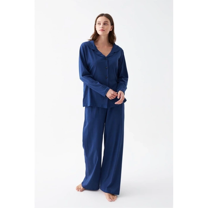 Moda Kadın Lacivert Düğmeli Yaka Detaylı Pamuklu Pijama Takımı