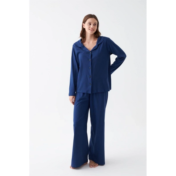 Moda Kadın Lacivert Düğmeli Yaka Detaylı Pamuklu Pijama Takımı