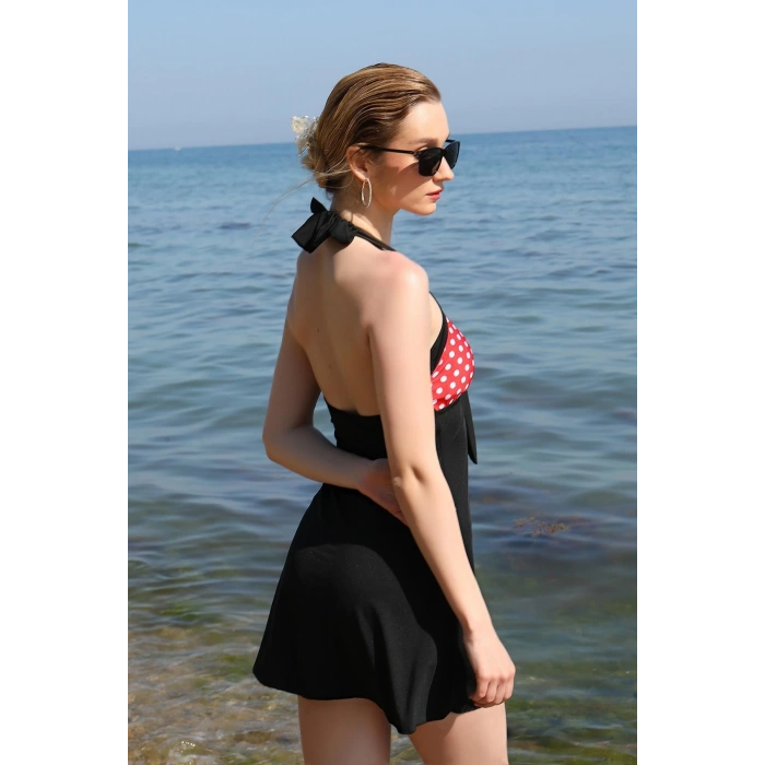 Moda Kadın Likralı Şortlu Fiyonklu Elbise Mayo Kırmızı