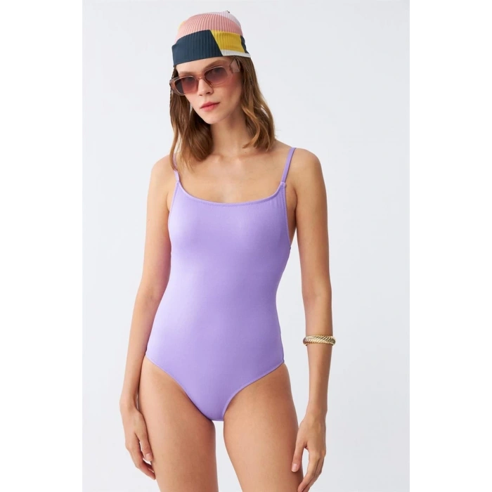 Moda Kadın Lila Minimal Askılı Tek Parça Mayo