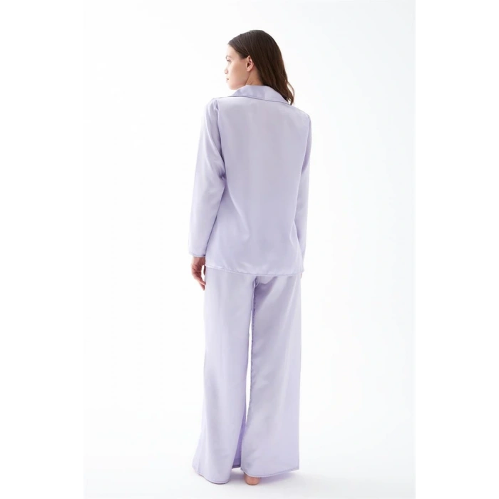 Moda Kadın Lila Oversize Saten Pijama Takımı – Rahat Kesim Şık Ev Giyim Seti