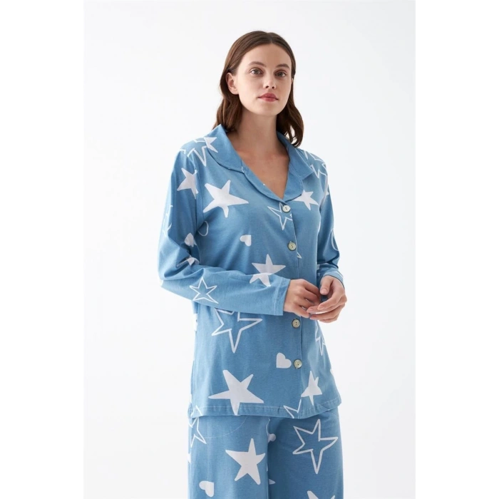 Moda Kadın Mavi Yıldız Desenli Düğmeli Pamuklu Pijama Takımı