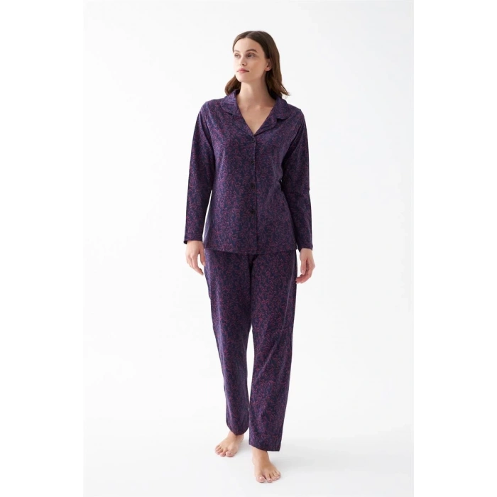 Moda Kadın Mor Düğmeli Yaka Detaylı Desenli Pamuklu Pijama Takımı