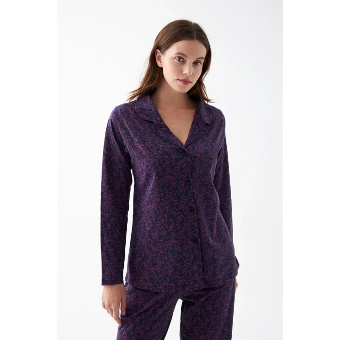 Moda Kadın Mor Düğmeli Yaka Detaylı Desenli Pamuklu Pijama Takımı