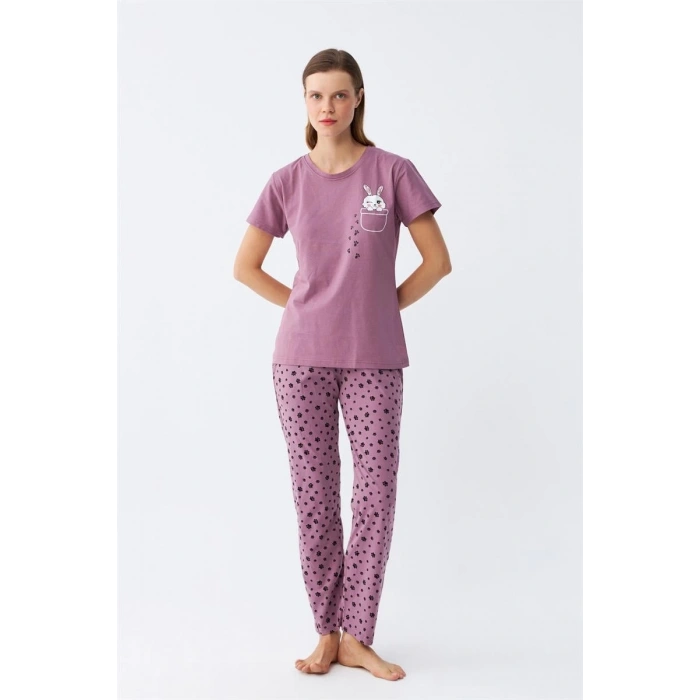 Moda Kadın Mor Patili Tavşan Baskılı Cepli Pijama Takımı