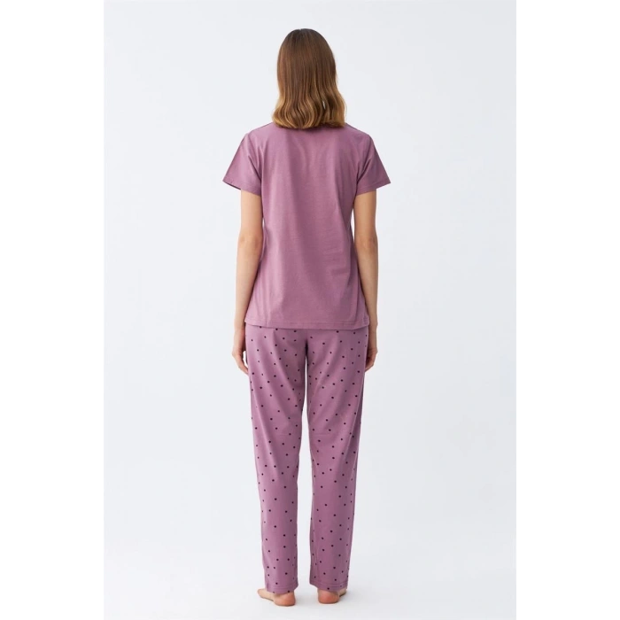 Moda Kadın Mor Yıldız Desenli Penye Kısa Kol Pijama Takımı