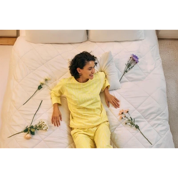 Moda Kadın Oversize Sarı Desenli Pamuklu Kalın Pijama Takımı
