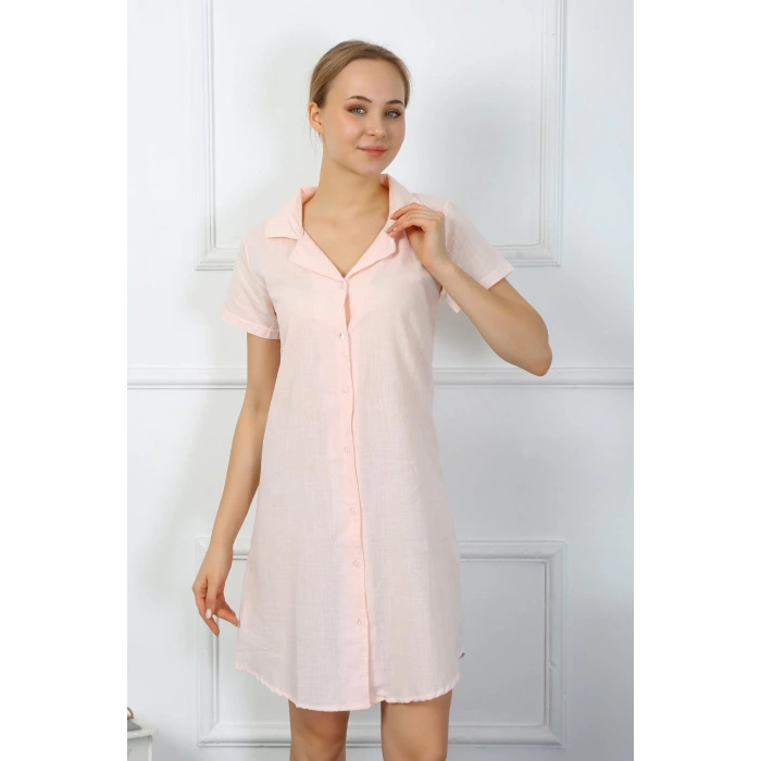 Moda Kadın Pamuk Keten Kısa Kol Düğmeli Pudra Tunik Gecelik