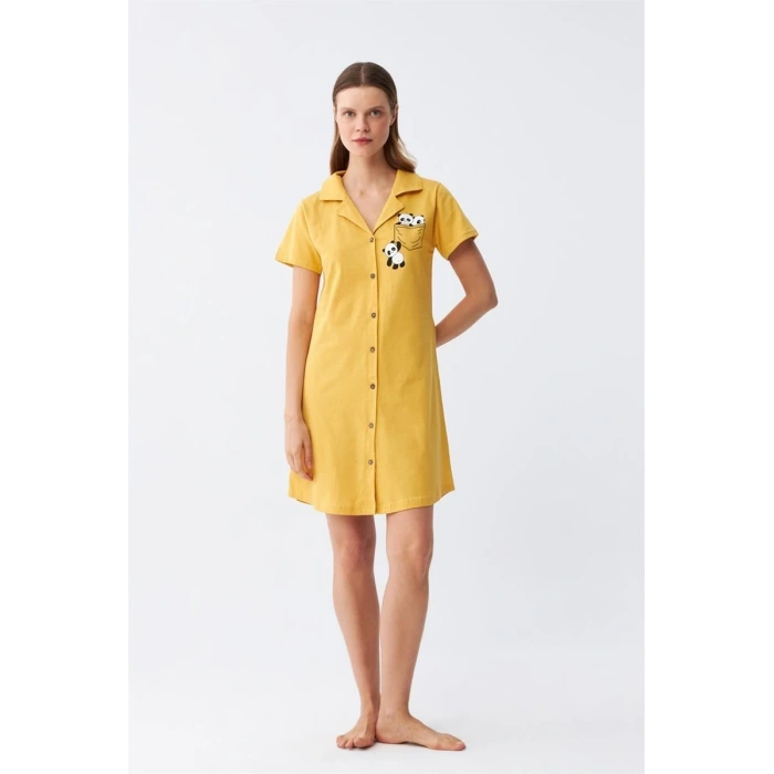 Moda Kadın Pamuk Penye Kısa Kol Düğmeli Sarı Tunik Gecelik
