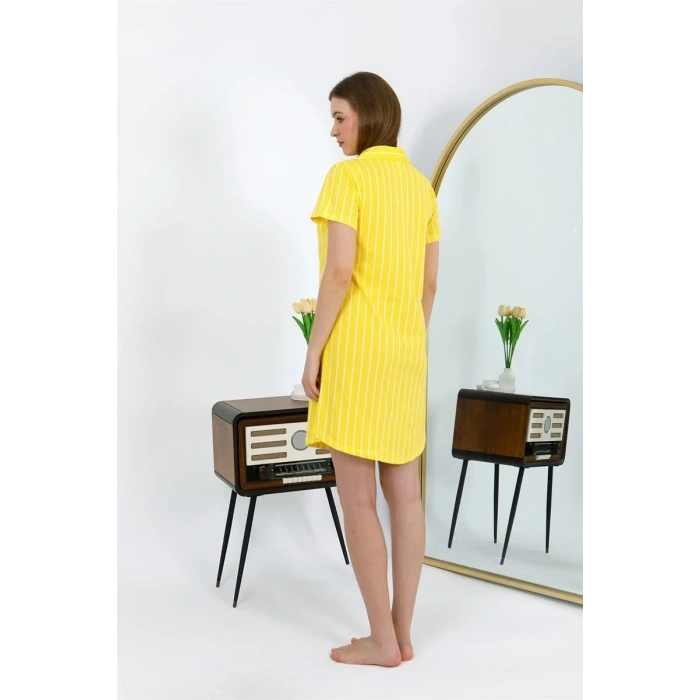 Moda Kadın Pamuk Penye Kısa Kol Düğmeli Sarı Tunik Gecelik