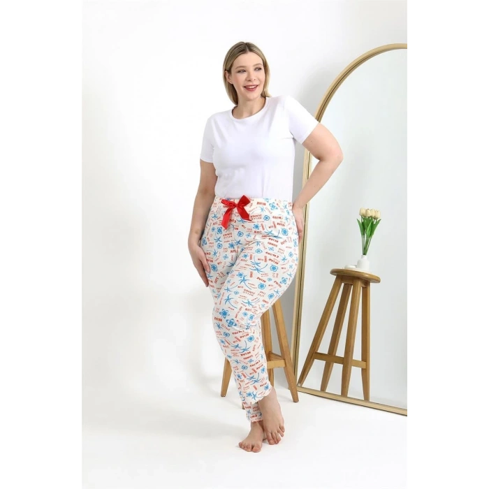 Moda Kadın Pamuklu Büyük Beden Alt Pijama Ekru