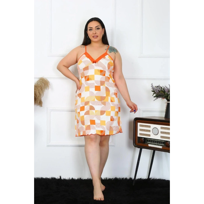 Moda Kadın Pamuklu İp Askılı Büyük Beden Gecelik Sarı