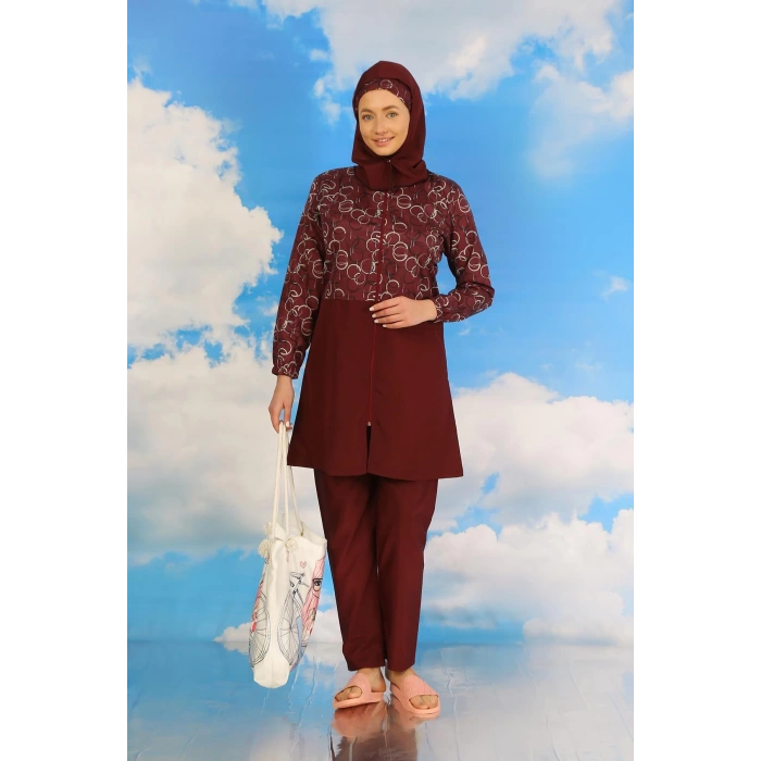 Moda Kadın Pantolonlu Desenli Tam Tesettür Mayo Bordo
