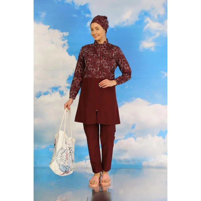 Moda Kadın Pantolonlu Desenli Tam Tesettür Mayo Bordo