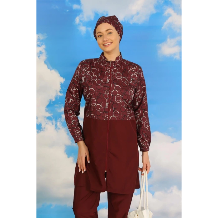 Moda Kadın Pantolonlu Desenli Tam Tesettür Mayo Bordo