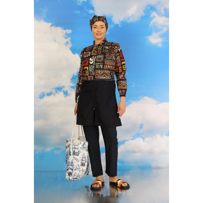 Moda Kadın Pantolonlu Desenli Tam Tesettür Mayo Lacivert