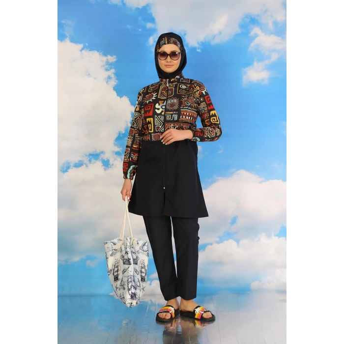 Moda Kadın Pantolonlu Desenli Tam Tesettür Mayo Lacivert