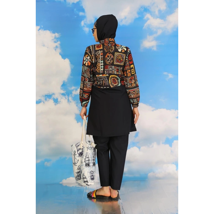 Moda Kadın Pantolonlu Desenli Tam Tesettür Mayo Lacivert