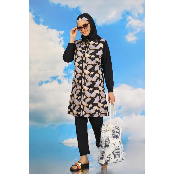 Moda Kadın Pantolonlu Desenli Tam Tesettür Mayo Lacivert