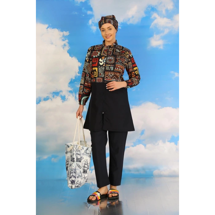 Moda Kadın Pantolonlu Desenli Tam Tesettür Mayo Lacivert