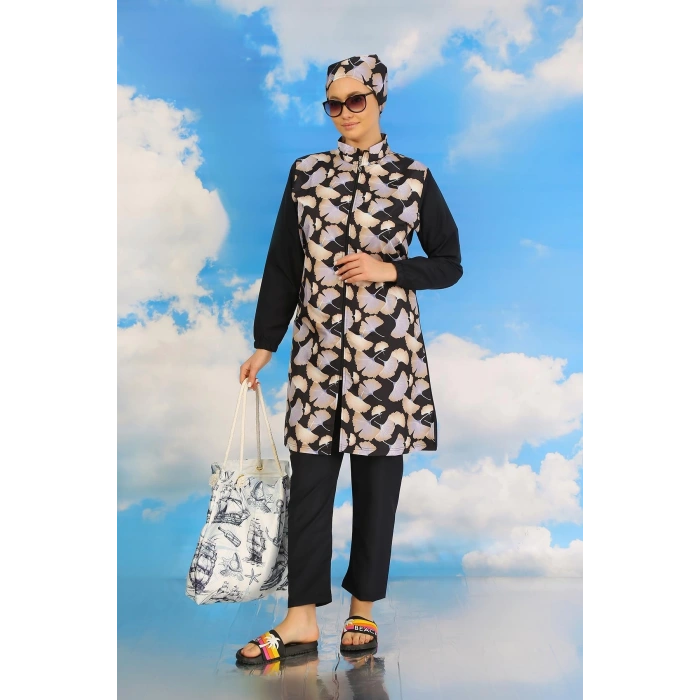 Moda Kadın Pantolonlu Desenli Tam Tesettür Mayo Lacivert