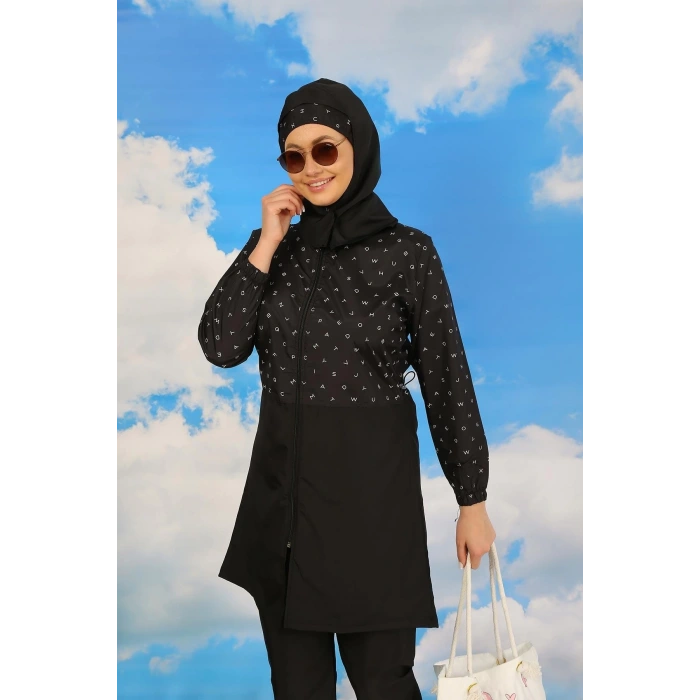 Moda Kadın Pantolonlu Desenli Tam Tesettür Mayo Siyah