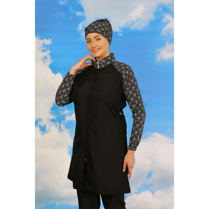 Moda Kadın Pantolonlu Desenli Tam Tesettür Mayo Siyah