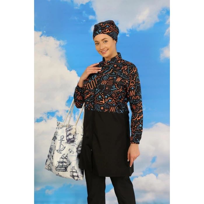 Moda Kadın Pantolonlu Desenli Tam Tesettür Mayo Siyah