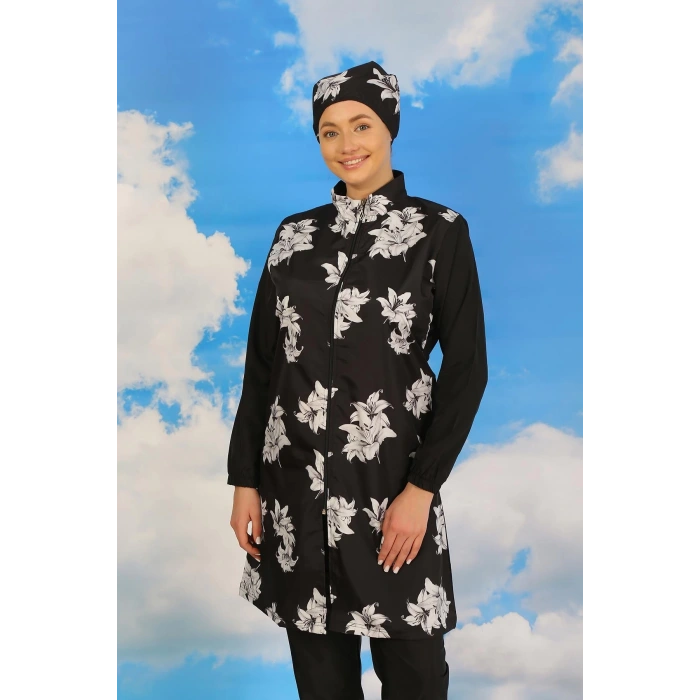 Moda Kadın Pantolonlu Desenli Tam Tesettür Mayo Siyah