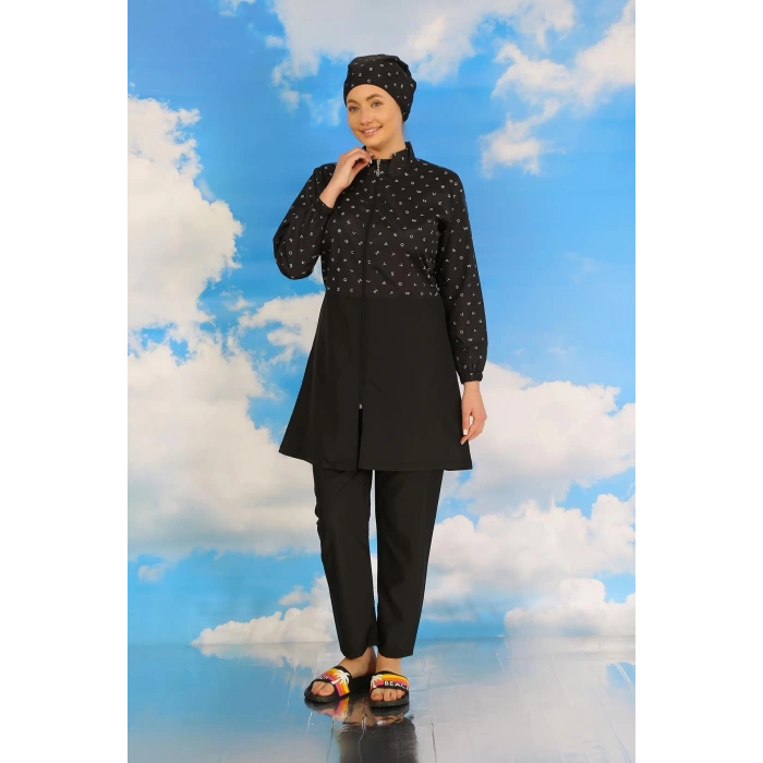 Moda Kadın Pantolonlu Desenli Tam Tesettür Mayo Siyah