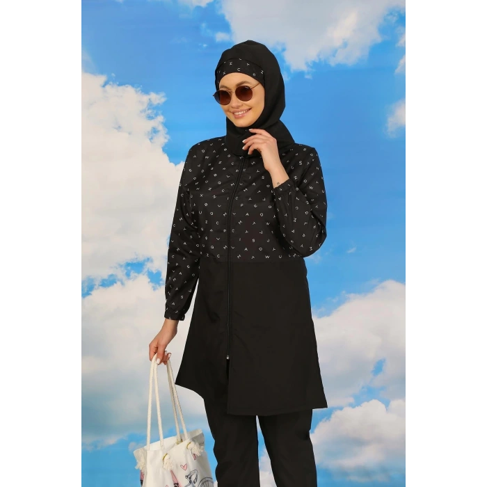 Moda Kadın Pantolonlu Desenli Tam Tesettür Mayo Siyah