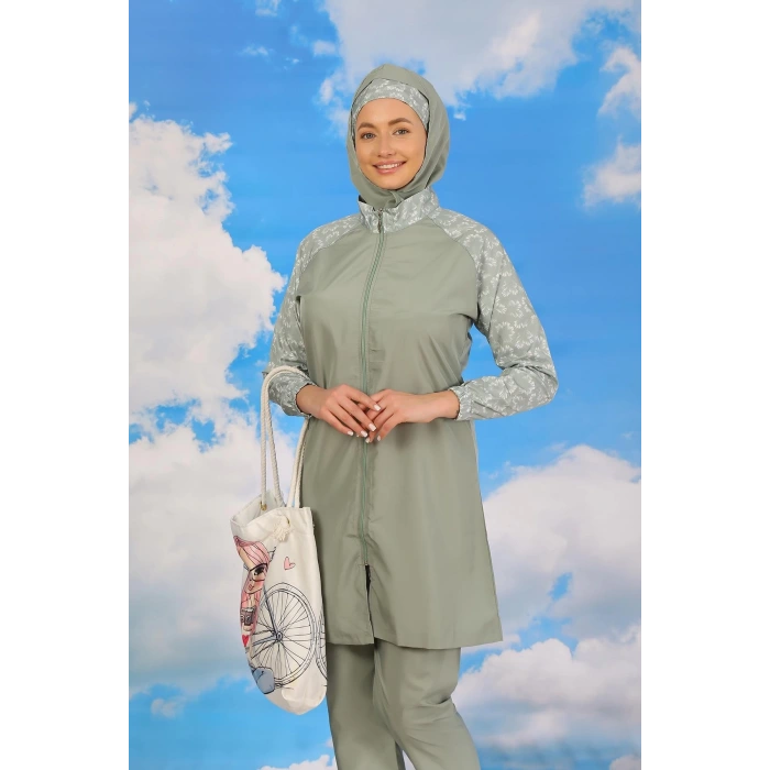 Moda Kadın Pantolonlu Desenli Tam Tesettür Mayo Su Yeşili