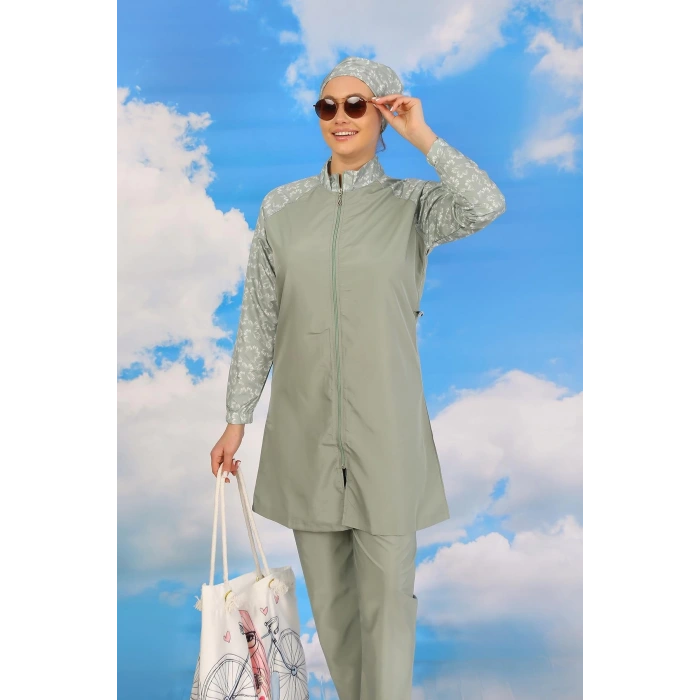 Moda Kadın Pantolonlu Desenli Tam Tesettür Mayo Su Yeşili