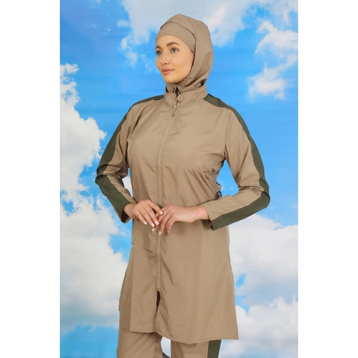 Moda Kadın Pantolonlu Kolu Şeritli Tam Tesettür Mayo Bej